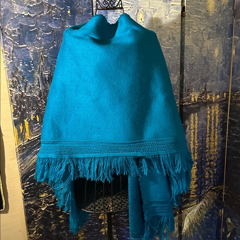 Brand New Blue Fringed opera cape shawl  thick warm Ecuadorian Aqua Turquoise